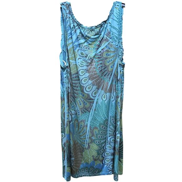 Unity World Wear Dress Women Large Blue Green Sleeveless Boho Peacock Print - Picture 2 of 6